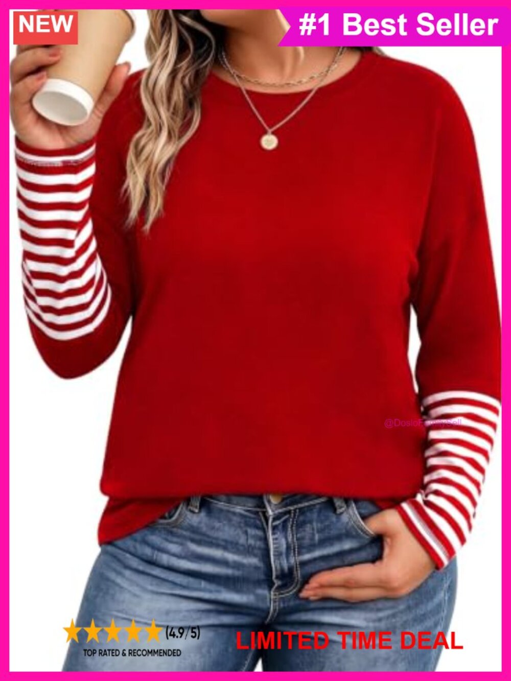 Plus Size Striped Long Sleeve T-Shirt Crew Neck Drop Shoulder Knit Top